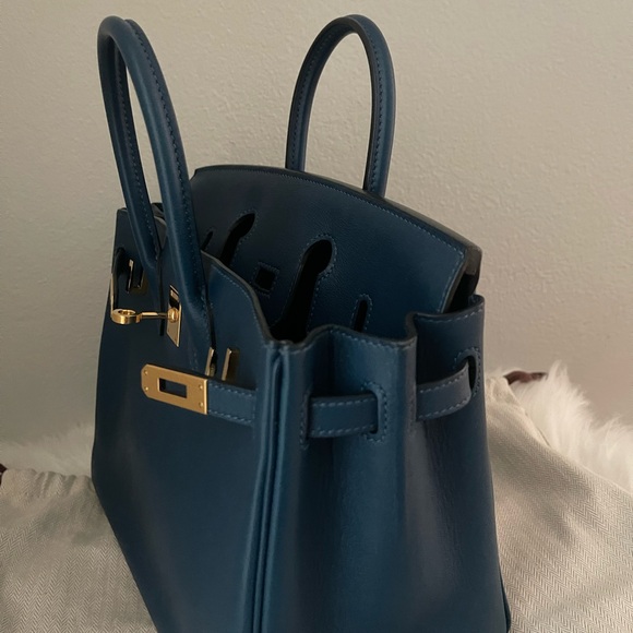 Hermes Deep Blue Satchel with Gold Accents - Picture 15 of 17